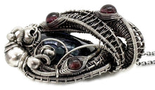 Load image into Gallery viewer, Cultured Black Freshwater Pearl Pendant with Rhodolite Garnet and Sterling Silver Wire Wrap