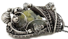 Load image into Gallery viewer, UV-Fluorescent Zincite Druzy Pendant: Sterling Silver Wire-Wrap with Herkimer Diamonds