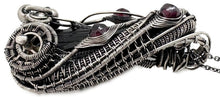 Load image into Gallery viewer, Twinned Vivianite Crystal Pendant with Watch Gears and Rhodolite Garnet : Sterling Silver Wire-Wrap, Gothic Crystal Jewelry