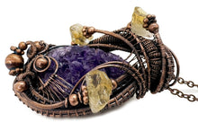Load image into Gallery viewer, Amethyst Druzy Pendant with Citrine Nuggets: Copper Wire-Wrapped Geode Jewelry - Heather Jordan Jewelry