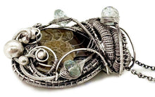 Load image into Gallery viewer, Ammonite Fossil Pendant with Aquamarine: Sterling Silver Wire Wrapped Shell Necklace - Heather Jordan Jewelry