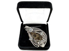 Load image into Gallery viewer, Petoskey Stone and Aquamarine Necklace - Sterling Silver Wire Wrapped Michigan Fossil Pendant - Heather Jordan Jewelry