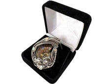 Load image into Gallery viewer, Opalized Ammonite Fossil Pendant: Sterling Silver Wire Wrap with Ethiopian Opals