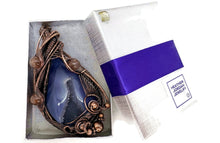 Load image into Gallery viewer, HUGE Blue Geode Pendant with Sunstone: Copper Wire-Wrapped Druzy Jewelry