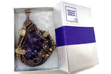 Load image into Gallery viewer, HUGE Amethyst Druzy Pendant with Citrine Nuggets: Copper Wire-Wrapped Geode Jewelry