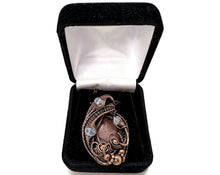 Load image into Gallery viewer, Rhodonite Wire Wrapped Pendant in Bronze with Rainbow Moonstone - Heather Jordan Jewelry