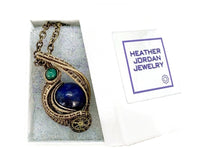 Load image into Gallery viewer, Steampunk Lapis Lazuli Pendant, Wire-Wrapped in Brass with Turquoise