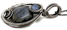 Load image into Gallery viewer, Larvikite Wire-Wrapped Pendant in Sterling Silver with Swarovski Crystal, "Mini-Woven Circle" Model