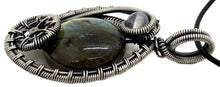 Load image into Gallery viewer, Labradorite Woven Circle Steampunk Pendant in Sterling Silver with Rainbow Moonstone