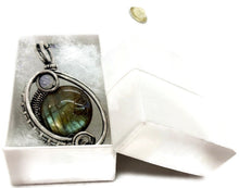 Load image into Gallery viewer, Blue-Green-Yellow Labradorite Wire-Wrapped Pendant in Sterling Silver with Rainbow Moonstone, "Mini-Woven Circle" Model - Heather Jordan Jewelry