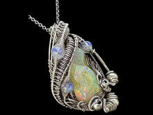 Load image into Gallery viewer, Raw Ethiopian Opal Pendant with Rainbow Moonstone, Gemstone Jewelry, Sterling Silver Wire Wrap