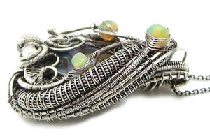 Abalone and Ethiopian Welo Opal Pendant Wire Wrapped in Sterling Silver