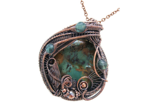 African Green Opal Pendant in Copper with Fluorite, Wire Wrap