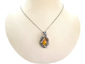Baltic Amber Pendant with Gnat and Ethiopian Opals, Wire-Wrapped in Sterling Silver