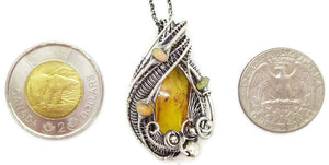 Baltic Amber Pendant with Gnat and Ethiopian Opals, Wire-Wrapped in Sterling Silver