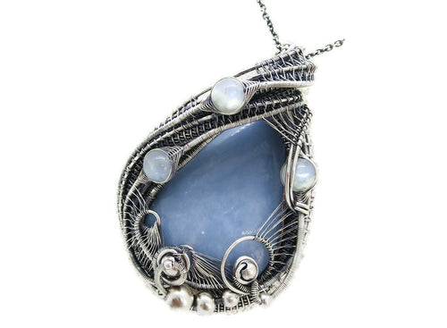 Angelite and Rainbow Moonstone Pendant in Sterling Silver Wire Wrap