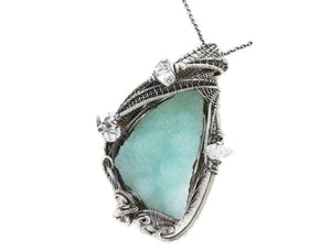 Aragonite Druzy Pendant, Wire-Wrapped in Sterling Silver with Herkimer Diamonds