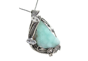 Aragonite Druzy Pendant, Wire-Wrapped in Sterling Silver with Herkimer Diamonds