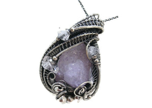 Amethyst Spirit Quartz Druzy Pendant with Herkimer Diamonds, Wire-Wrapped in Sterling Silver