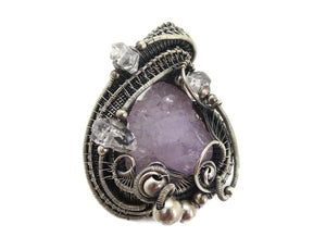 Amethyst Spirit Quartz Druzy Pendant with Herkimer Diamonds, Wire-Wrapped in Sterling Silver