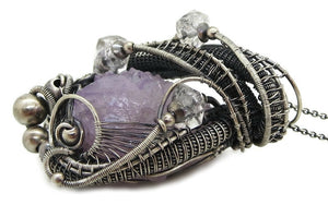 Amethyst Spirit Quartz Druzy Pendant with Herkimer Diamonds, Wire-Wrapped in Sterling Silver