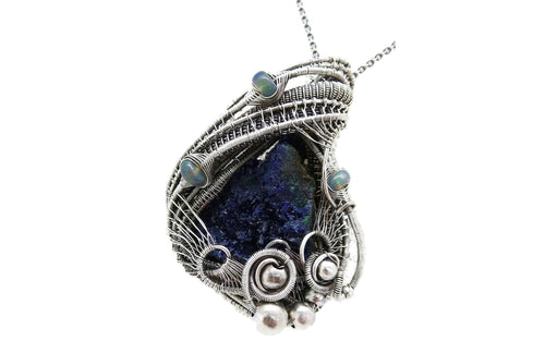 Azurite Druzy Pendant with Ethiopian Opals, Wire-Wrapped in Sterling Silver