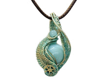 Load image into Gallery viewer, Verdigris Gemstone Steampunk Pendant: Brass Wire Wrap, Swirl Model