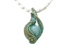 Load image into Gallery viewer, Verdigris Gemstone Steampunk Pendant: Brass Wire Wrap, Swirl Model