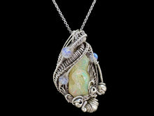 Load image into Gallery viewer, Raw Ethiopian Opal Pendant with Rainbow Moonstone, Gemstone Jewelry, Sterling Silver Wire Wrap
