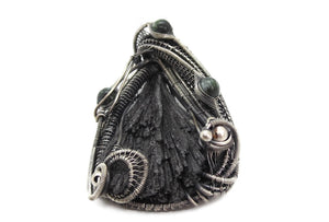 Black Kyanite Fan Pendant, Wire-Wrapped in Sterling Silver with Russian Seraphinite