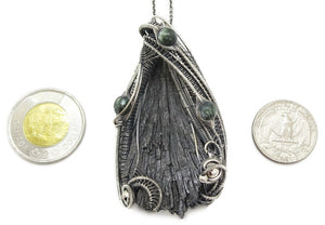 Black Kyanite Fan Pendant, Wire-Wrapped in Sterling Silver with Russian Seraphinite