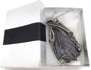 Black Kyanite Fan Pendant, Wire-Wrapped in Sterling Silver with Russian Seraphinite