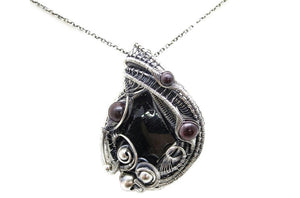 Black Tourmaline Pendant Necklace with Garnet, Wire-Wrapped in Sterling Silver