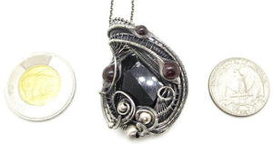 Black Tourmaline Pendant Necklace with Garnet, Wire-Wrapped in Sterling Silver