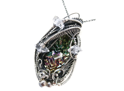 Bismuth Crystal Pendant Necklace with Herkimer Diamonds in Sterling Silver