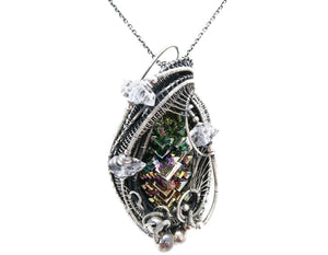 Bismuth Crystal Pendant Necklace with Herkimer Diamonds in Sterling Silver