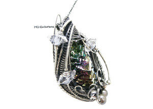 Bismuth Crystal Pendant Necklace with Herkimer Diamonds in Sterling Silver