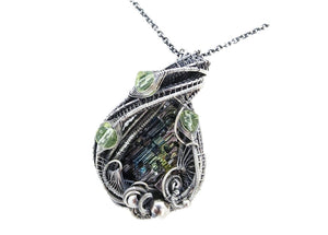 Bismuth Crystal Pendant with UV-Reactive Glass, Sterling Silver Wire Wrap