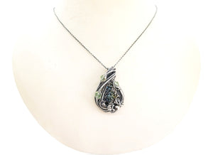 Bismuth Crystal Pendant with UV-Reactive Glass, Sterling Silver Wire Wrap