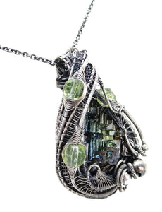 Bismuth Crystal Pendant with UV-Reactive Glass, Sterling Silver Wire Wrap