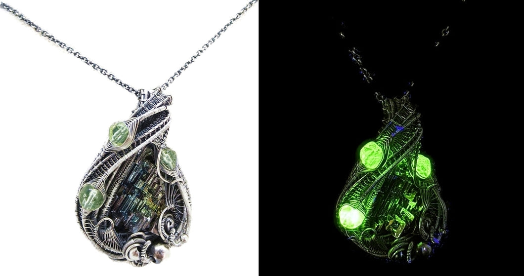 Bismuth Crystal Pendant with UV-Reactive Glass, Sterling Silver Wire Wrap