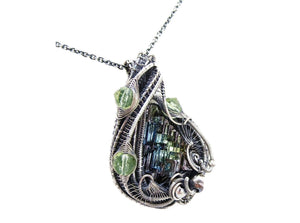Bismuth Crystal Pendant with UV-Reactive Glass, Sterling Silver Wire Wrap