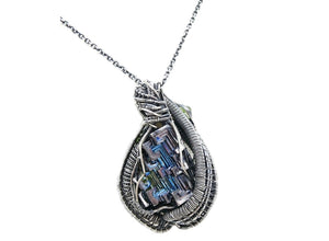 Bismuth Crystal Pendant with UV-Reactive Glass, Sterling Silver Wire Wrap