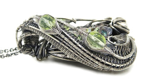 Bismuth Crystal Pendant with UV-Reactive Glass, Sterling Silver Wire Wrap