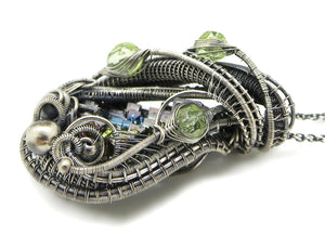 Bismuth Crystal Pendant with UV-Reactive Glass, Sterling Silver Wire Wrap