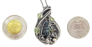 Bismuth Crystal Pendant with UV-Reactive Glass, Sterling Silver Wire Wrap