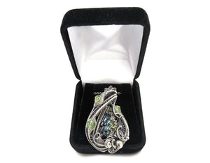 Bismuth Crystal Pendant with UV-Reactive Glass, Sterling Silver Wire Wrap