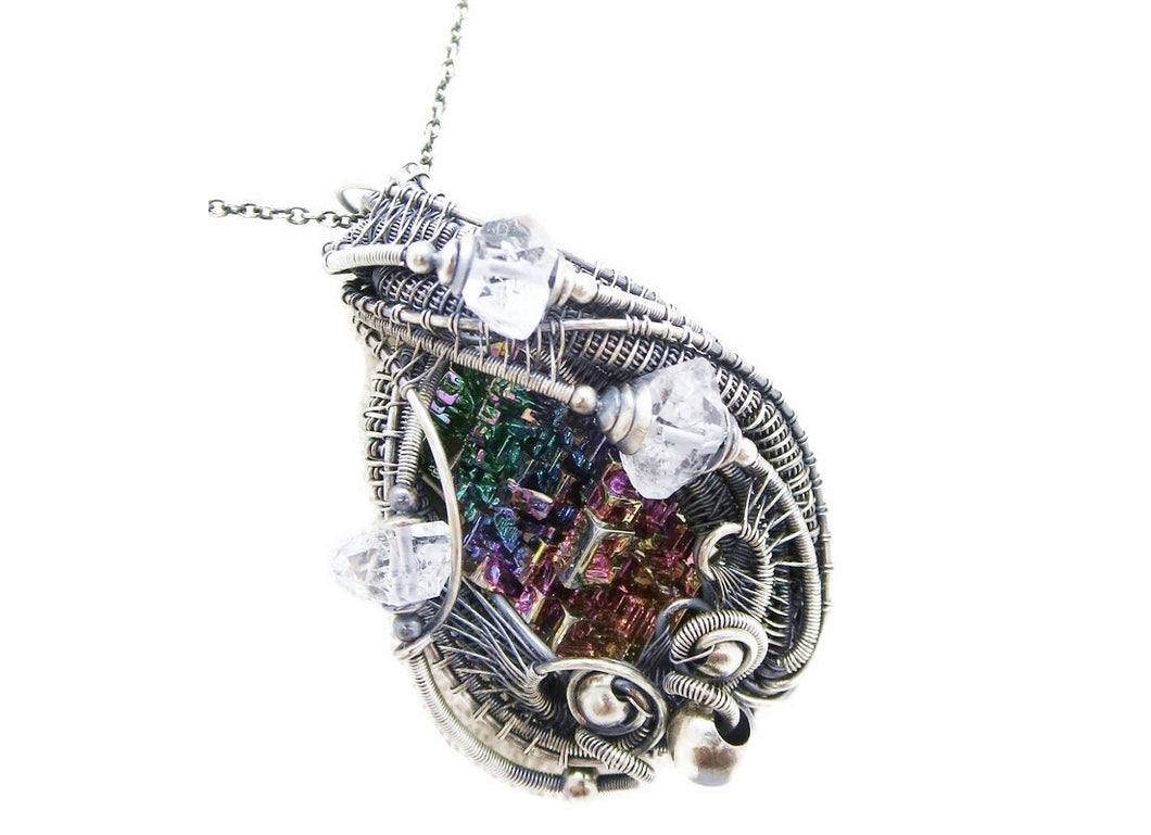 Bismuth Crystal Pendant Necklace with Herkimer Diamonds in Sterling Silver