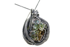 Bismuth Crystal Wire-Wrapped Pendant in Sterling Silver with UV-Reactive Glass