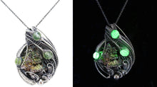 Load image into Gallery viewer, Bismuth Crystal Wire-Wrapped Pendant in Sterling Silver with UV-Reactive Glass